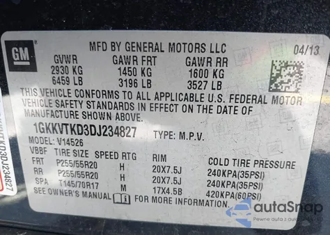 2013 GMC Acadia Denali z USA, uszkodzony, nr VIN 1GKKVTKD3DJ234827